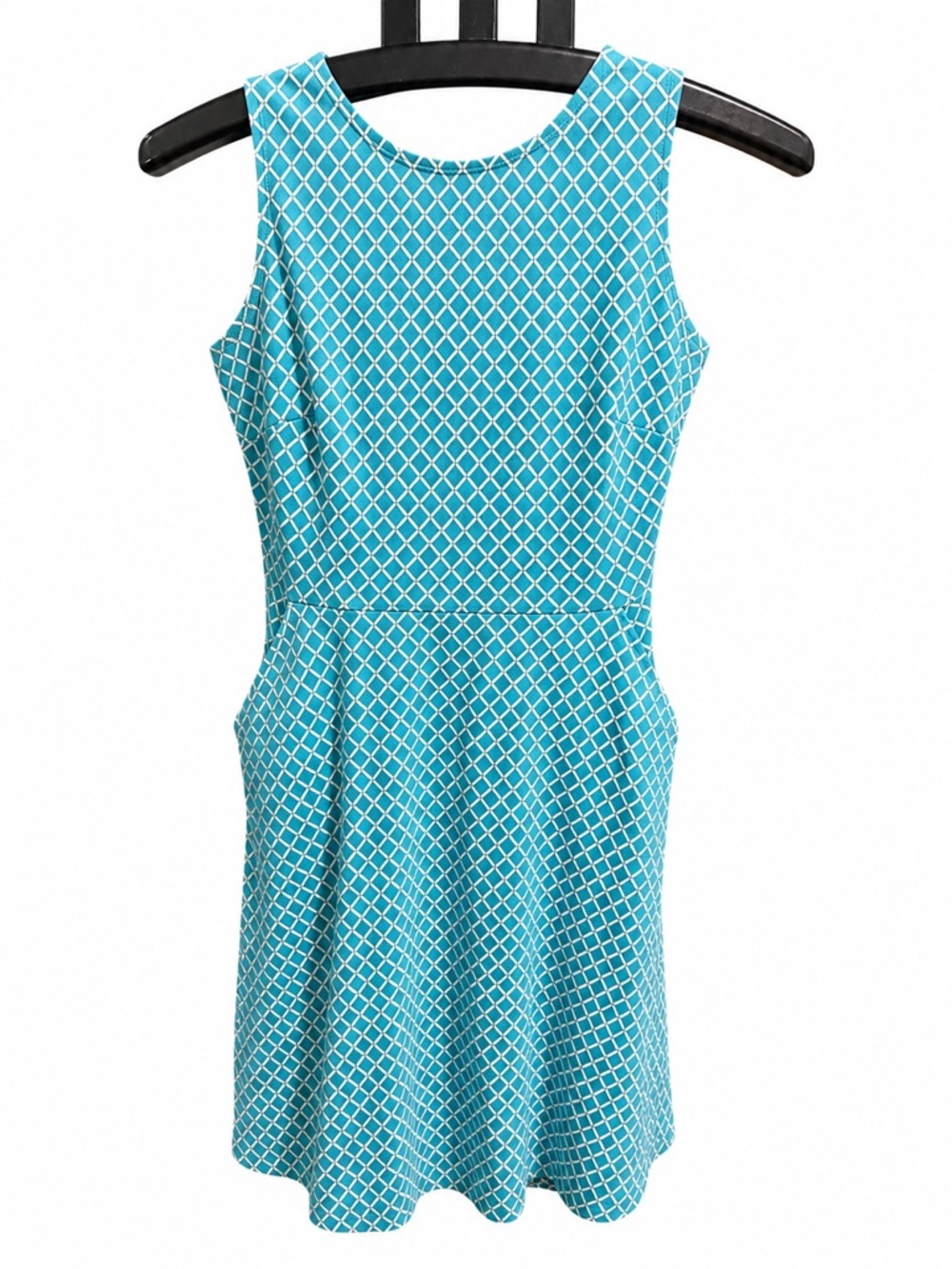 New York & Company Aqua Geometric Fit-and-Flare Mini Dress